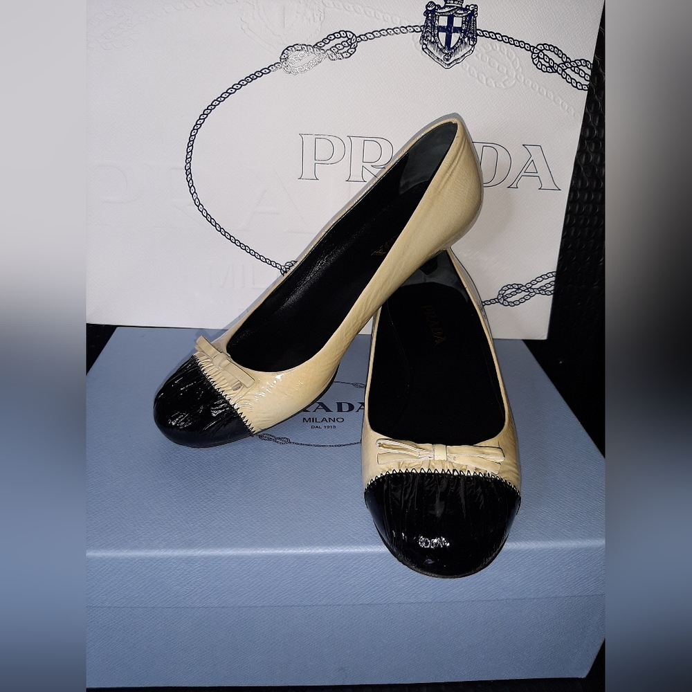 Prada Two-Tone Cream and Black Patent Cap-Toe Pumps